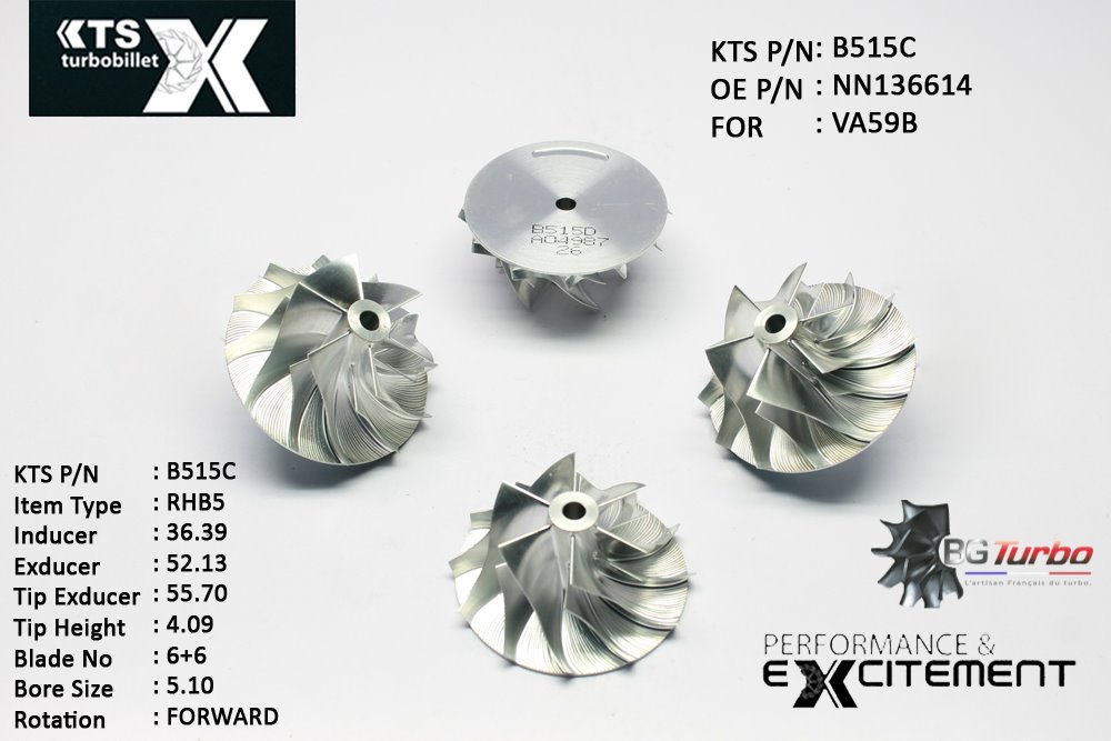 Turbo ROUE FORGÉE MFS PERFORMANCE - 6+6 PALES - INDUCER : 36,39 - EXDUCER : 52,13 - TYPE : RHB5ANGLE : 60° - ROTATION : Forward - SUPER BACK : 0 - BORE SIZE : 5,1
